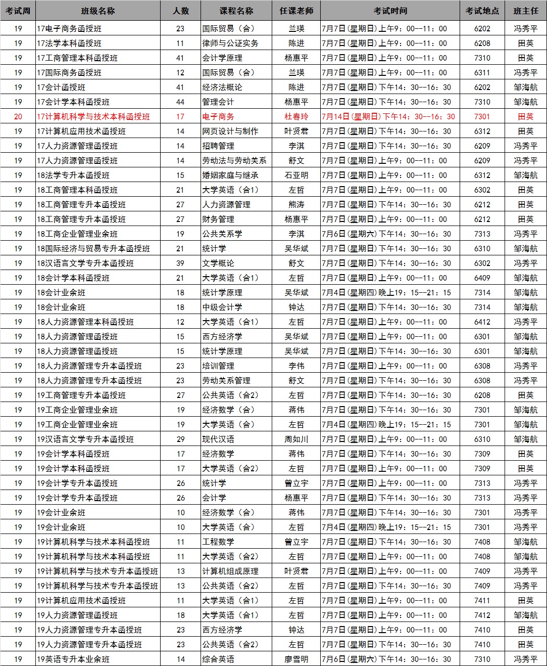 365英国上市集团官方网站2019年春季学期第19-20周考试安排表(6月21日更新)
